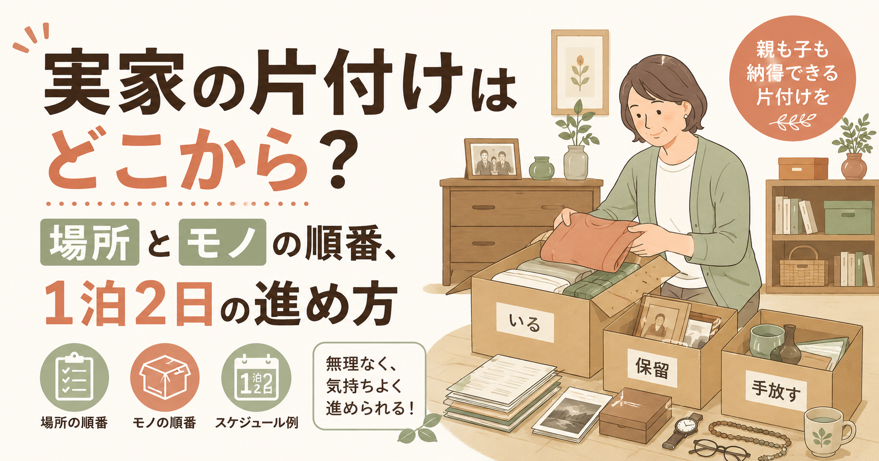 実家の片付けを始める場所とモノの順番、1泊2日の進め方を解説するアイキャッチ画像