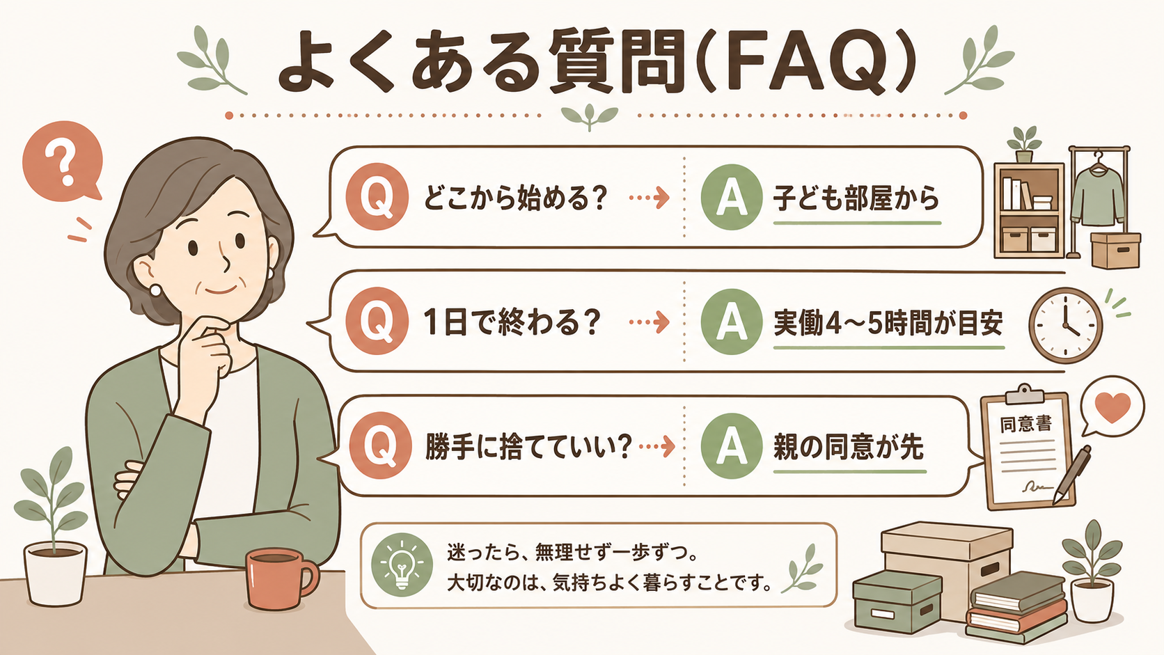 実家の片付けをどこから始めるかなどのよくある質問と回答