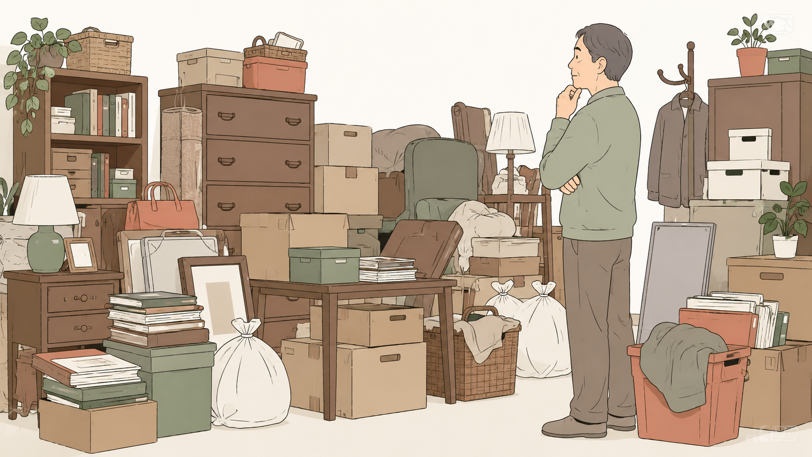 大量の家具や荷物が積み重なり片付け業者の利用を検討する実家の室内