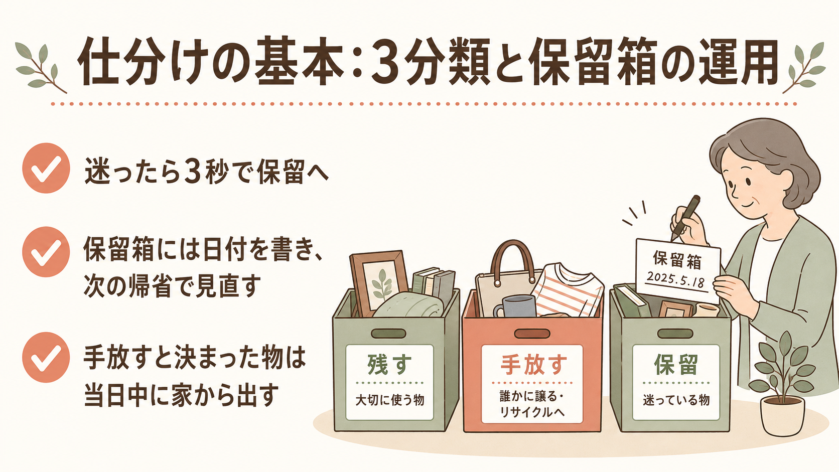 実家の片付けで使う残す、手放す、保留の3分類と保留箱の運用方法