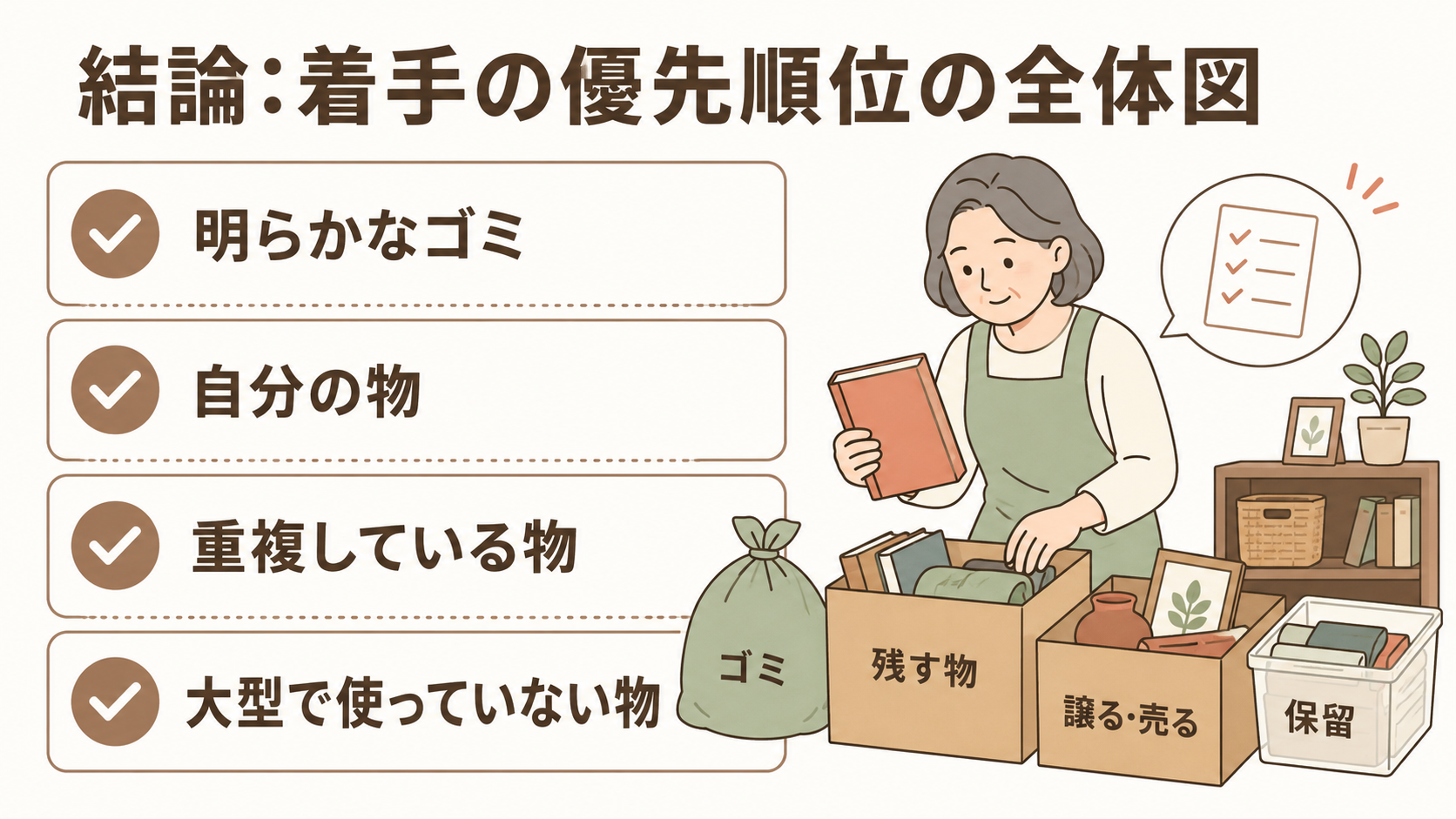 実家の片付けで優先して着手する明らかなゴミ、自分の物、重複品、大型不用品の一覧